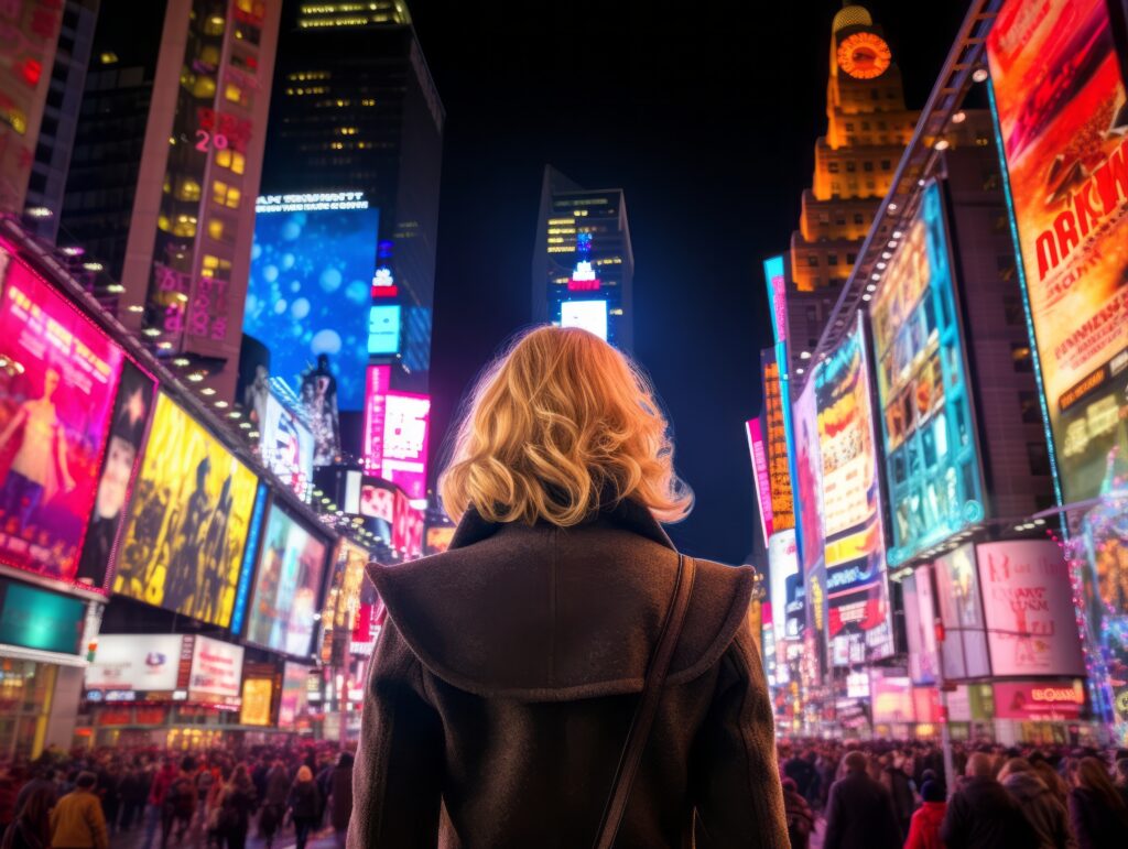 woman futuristic clothes enjoys leisurely stroll through neon city streets Experiencia del cliente: Hiperpersonalizacion y agentes ia