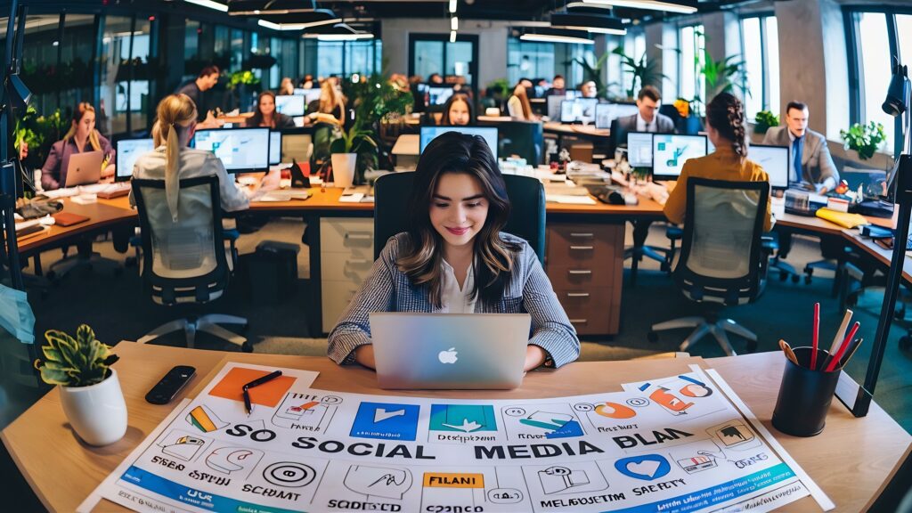 high angle view social media plan working workplace 10 Estrategias de Inbound Marketing para B2B